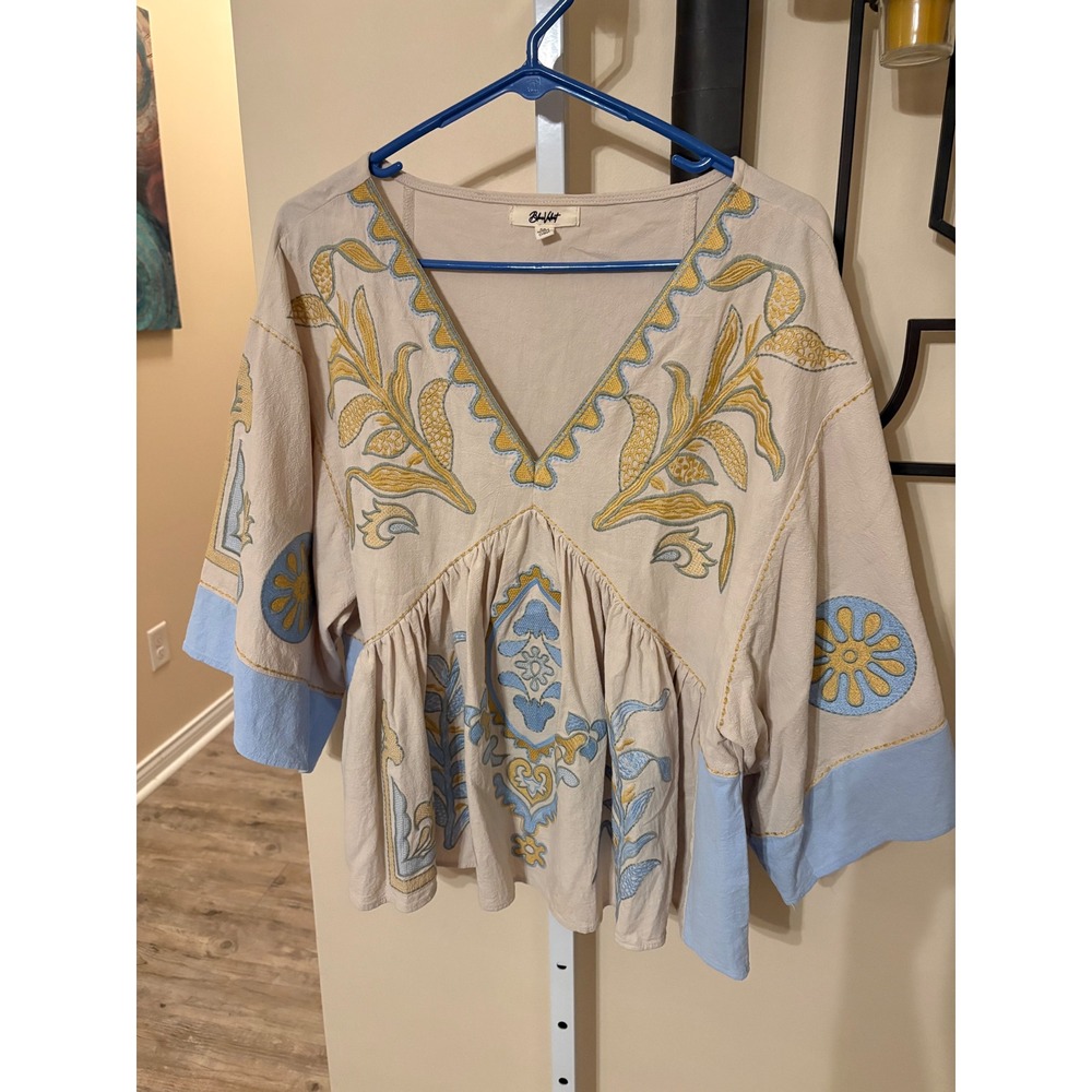 Blue Velvet Boho Embroidered Babydoll Top Beige Blue Yellow V-Neck S/M